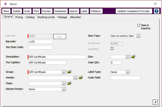 Gift Certifiacte Item General Tab